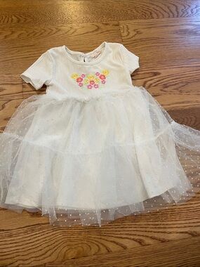 White Floral Appliqué Tulle Dress for Kids with Short Sleeves